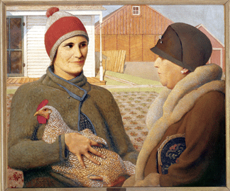 In a study in contrasts Wood depicted a freshfaced farm woman seeking to sell the fruits of her labor a chicken to a dowdy city matron in Appraisal 1931 Dubuque Museum of Art