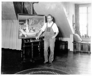 Wood with his unfinished painting Midnight Ride of Paul Revere at 5 Turner Alley in 1931 Photograph by John W Barry Courtesy of Figge Art Museum Grant Wood Archives