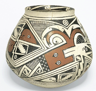 Jar with both a plumed serpent and a macawheaded serpent 12801450 Casas Grandes Ramos polychrome 8 34 by 9 12 inches Private collection