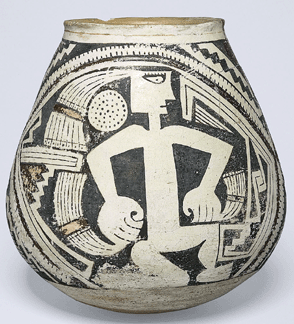 Jar with a figure on one knee with plumes and a ball and a standing figure with plumes 12801450 Casas Grandes Villa Ahumada polychrome Ramos variant 7 58 by 7 38 inches Private collection