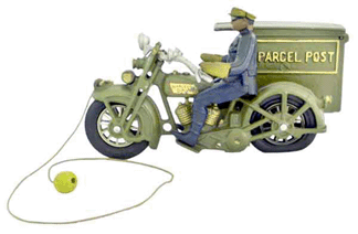 This 9 14inch olivegreen castiron HarleyDavidson parcel post motorcycle retains its original yellowbeaded pull string The driver is finished in military blue with cream hat and gloves and wears goggles Estimated at 57000 and from the Bob Brady collection it ignited a bidding war that ended at 30800 on the phone