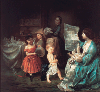 In this autobiographical painting The War Spirit at Home or Celebrating Victory at Vicksburg Lilly Martin Spencer shows herself trying to balance her baby and her newspaper as her other children parade around in a disorderly manner suggesting a stressful life juggling family and career The Newark Museum