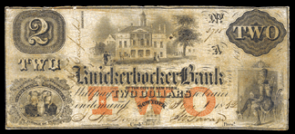 Epic Knickerbocker Bank of New York City Deuce with Type VI Santa Claus vignette achieved 24150 in spirited bidding