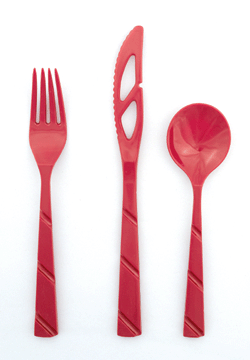 Jazzy plastic flatware was designed by Armand G Winfield in 1960 for the Department of Corrections of the State of New Mexico