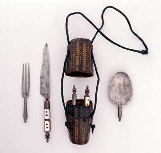 This early Seventeenth Century northern Italian traveling set comprising spoon bowl and handle knife handle and blade fork handle tines and a case was an elaborate example of travel ware The set has handles of motherofpearl and the implements are steel