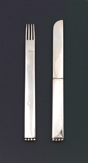 An early Twentieth Century dessert knife and fork designed by Josef Hoffmann at the Wiener Werksttte in 1903 stands in stark contrast to the embellishments of the contemporaneous Gilded Age