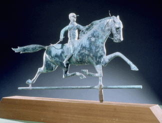 Horse and Jockey Massachusetts origin about 1880 Molded copper with a zinc head 34 by 17 12 inches Courtesy Shelburne Museum