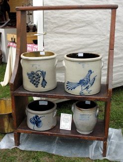 Circa 1840 bucket bench 2450 and a selection of stoneware at Mad River Antiques North Granby Conn Of local interest lower right is the Goodwin amp Webster of Hartford ovoid jar 625