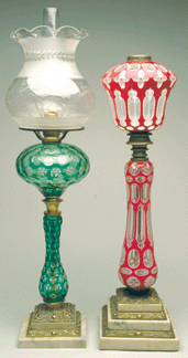 Boston amp Sandwich Glass Co cutoverlay banquet lamps both previously electrified both circa 1870 sold for 11000 left and 9075