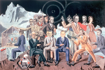 In this large painting (51 3/16 by 76 inches), "At the Rendezvous of Friends," 1922, Max Ernst brought together leaders of the Dada movement and kindred souls. Among those depicted standing are Hans Arp (second from left); writer Andre Breton (third from right); painter Giorgio de Chirico (second from right) and Gala Eluard, later wife of Salvador Dali (far right). Among those seated facing the viewer are Max Ernst (first on left) and Russian novelist Feodor Dostoyevski (second from left). Museum Ludwig, Cologne.