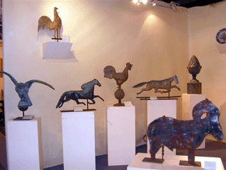 A zoo of zinc and copper and iron could be how one described the collection of early weathervanes seen in the booth of Autumn Pond Antiques Woodbury Conn Included in the offerings were a Cushing amp White running horse an American eagle and a rooster all from the 1880s In the foreground is a circa 1900 iron ram trade sign