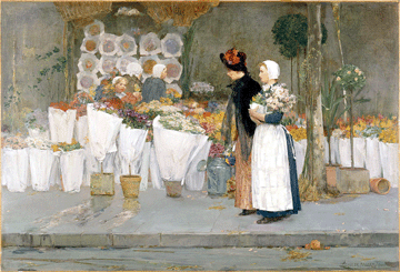While studying at the Academie Julian young Childe Hassam found contemporary Paris irresistible reveling in painting works such as At the Florist 1889 showing a rural lass waiting on a fashionably dressed urban woman Chrysler Museum of Art Norfolk Va gift of Walter P Chrysler Jr