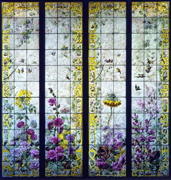 A suite of four Aesthetic Movement stained glass windows signed "G. Pivain, Paris,” late Nineteenth Century, sold for $26,400.