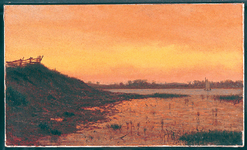 Glowing with the reds and yellows of a glorious sunset, Suydam's "Long Island,” 1862, documents his masterful sense of color and mood. Collection of Mary Ann and Jack Hollihan.