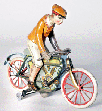 The top lot of the sale was this rare windup toy motorcycle made around 1910 by the German firm Ki-Co that drove off the block at $5,060.