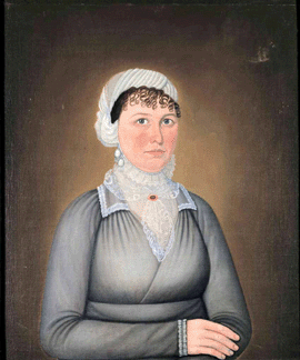 John Brewster Jr, "Woman in Gray Dress,” probably painted in New England, 1814, oil on canvas, 29 ½ by 24 5/8 inches (sight). Collection American Folk Art Museum, New York, promised gift of Jane Supino. —Gavin Ashworth photo