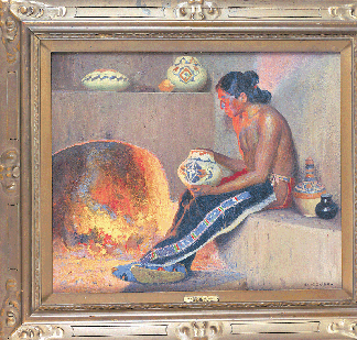 A founder of the Taos Society of Artists in New Mexico, E.I. Couse combined his academic training and affinity for Impressionism in empathetic depictions of Native Americans. "The Connoisseur,” 1919, suggests his interest in showing Indians as "human beings worthy of consideration and a place in the sun.” The Philbrook Museum of Art.