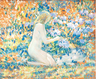 "Laurel,” painted by Lawton Parker in the 1920s, typifies his brightly colored, idealized canvases of sun-dappled, nude women posed amid the blooms of the Giverny garden he shared with likeminded artist Frederick Frieseke. Florence Griswold Museum.
