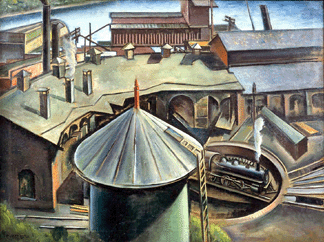 Charles Rosen, "The Roundhouse, Kingston, New York,” 1927, oil on canvas, 30 1/8  by 40 ¼ inches, James A. Michener Art Museum, gift of the John P. Horton estate.