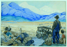 The original watercolor by Elmer S Hader used as the dust jacket art for The Grapes of Wrath 63250