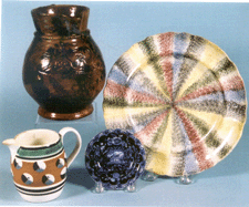 From the Parker collection a mocha creamer bottom left reached 2970 while a fivecolor rayed spatter ware plate far right sold for 6630