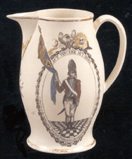 Liverpool creamware jug with an image of a uniformed officer holding the Massachusetts flag 11163