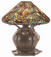 Tiffany favrile and bronze fish lamp on blownmetal pumpkin vase