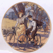 One of two Mettlach marked prototype plaques featuring bicycle scenes which reached 11500