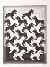 A dynamic woodcut print by Escher