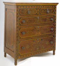 Profusely painted the rare circa 1830 pine chest of drawers reached 80000