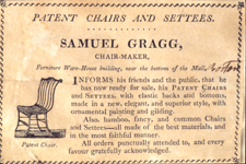 Samuel Graggs trade card circa 1808 enthusiastically promotes his newly patented elastic chairs but also states that he manufactures other types of chairs popular in that period including bamboo Windsors