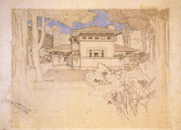 KC de Rhodes House South Bend Ind 1906 Ink and watercolor on paper from the collection of the Frank Lloyd Wright Foundation