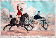 Match against Time print London 1819 From the Lorne Shields Cycling Collection In this fanciful sketch the Draisine outpaces its animate rival