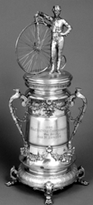 Fivemile bicycle race championship trophy won by George M Hendee Springfield 1886 From the collection of the Connecticut Valley Historical Museum