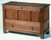 An extremely rare example of a Foliated Vine chest attributed to the Moore shop tradition this piece was probably made by Nathaniel Gaylord 16561720 Windsor Conn circa 1680 of oak and pine Gaylord was married to the granddaughter of carpenter and joiner John Moore 16141677 Collection Old Sturbridge Village