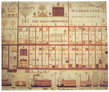 A more simplistic view of Ohios history is portrayed in a unique sampler executed by Sarah Jane Pownall depicting the riverfront settlement of Manchester along with several steamboats The connotation of the lifeblood the river provided to the community is seen through the use of ships and abundant fish Collection of Doris A Lucas