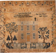 Several of the pieces provide a slice of Ohios history as seen the the eyes of a schoolgirl One such piece of great importance is a sampler by Mary Ann Wright of Warren County executed in 1823 It depicted her home not only as the family dwelling but also as a safe house for slaves on the Trail of Freedom Collection of Wildwood Manor House Toledo