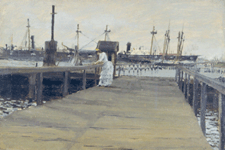 Woman on a Dock probably originally Rotten Row Brooklyn circa 1886 Oil on board from a private collection