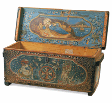 Splendid folk painting and carving decorate a Seventeenth Century sailors chest with interior lid painting from the Eighteenth Century
