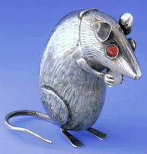Silver smelling box in the shape of a mouse holding a pearlesque ball in its paws with glass gem eyes Tondern pre1822
