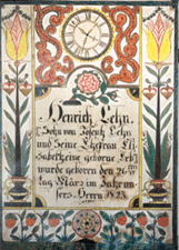 Birth certificate of Henry Heinrich Lehn son of Joseph Lehn Henry made this fraktur for himself in 1845 Private collection