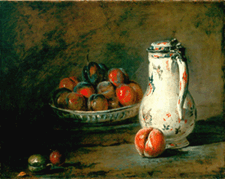 A Bowl of Plums a Peach and a Water Pitcher circa 1728 Oil on canvas from the Phillips Collection Washington DC
