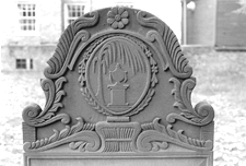 Detail of a reproduction made in the 1980s of the gravestone for Roderick Olcott It is an exceptional example of the baroque motif of an urn and willow