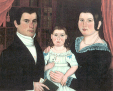Oil on canvas portrait of the Warren family circa 1843 painted by an itinerant artist Lester Warren a Universalist minister poses with his wife Alvinia and daughter Elsie who grew up to be an artist The wooden frame is painted to imitate birdseye maple