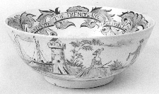 Punch bowl dated 1760 Saltglaze stoneware The bowls interior reads Success to the Friendship Capt Pierce while three scenes grace the exerior