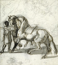 A Groom with Two Horses Theodore Gericault circa 181415 Black chalk pen and brown ink gray wash Flavia Ormond Fine Arts Ltd
