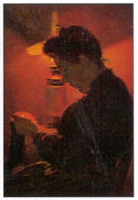 Lady Knitting Minerva J Chapman oil on panel