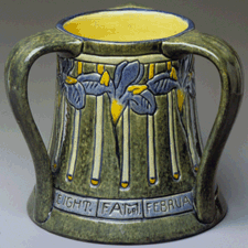 Threehandled Mug tyg Leona Nicholson 1908 Newcomb Pottery glazed earthenware decorated with iris