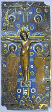 Book cover plaque The Crucifixion French Limoges circa 1150 Champleve enamel on copper partly gilded