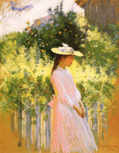 Girl in PinkIn the Garden Childe Hassam 1896 Pastel on sand paper from The Hyde Collection